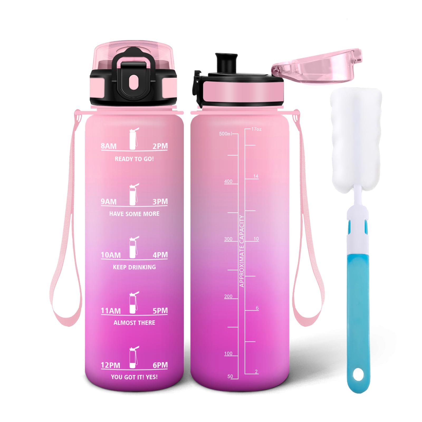 Motswedi Borraccia 500 ml, Borraccia Sportiva, a Prova di Perdite Bottiglia acqua, Include Spugna di Pulizia, Motivazionale Bottiglia Plastica - Rosa Neonato & Rosso Rosa