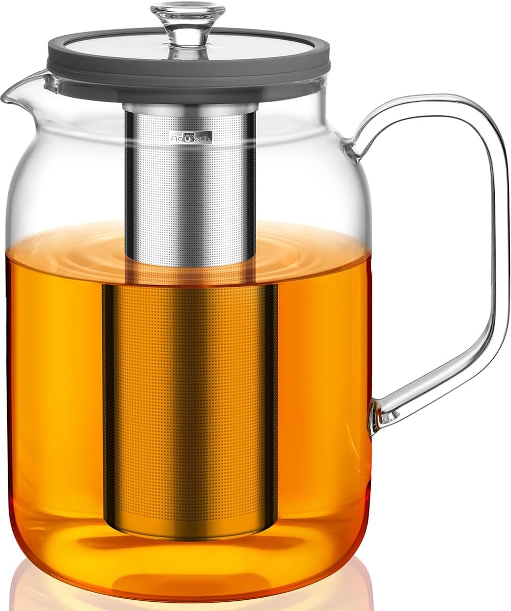 Aquach Glass Teapot with Infusers for Loose Tea, 85 Oz Glass Tea Kettle Dishwasher and Stovetop Safe, Plastic-Free Borosilicate Glass Tea Pot and Stainless Steel Tea Infuser