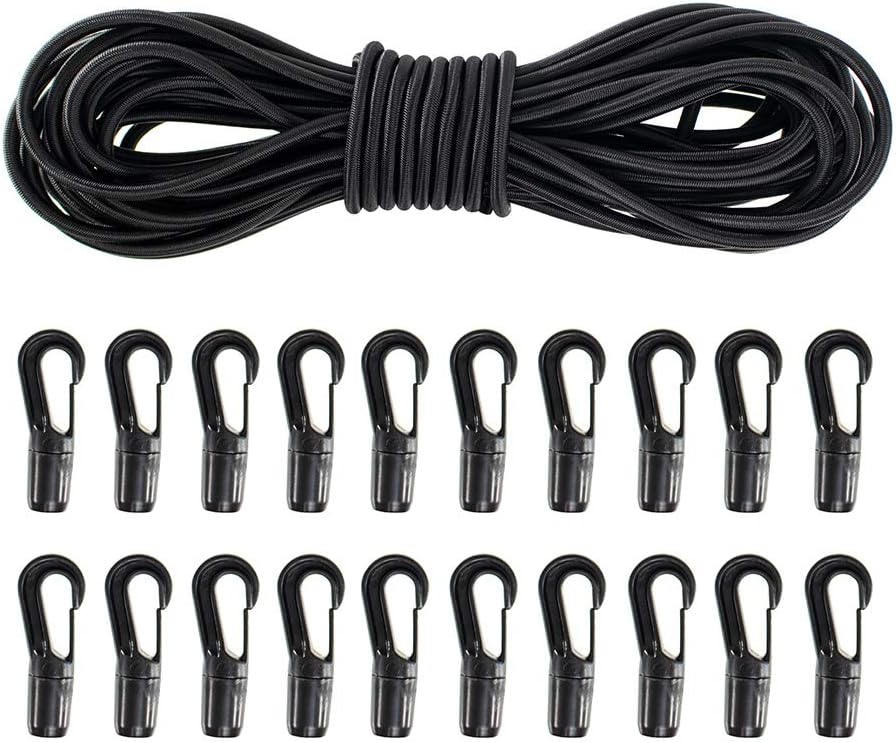 PARACORD PLANET 1/4" Elastic Bungee Shock Cord and Hooks - Stretch String Rope with Bungee Shock Cord Hooks - Kayaks, Camping, Boats, Exercise, Fitness, and Outdoor Use (50 Feet, 20 Hooks)