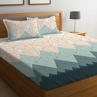 LOOMLYFE 300 TC Cotton Feel Glace Cotton Elastic Fitted Printed King Size Double Bed Bedsheet with 2 Pillow Covers Fits Upto 8 inches Mattress, Size- 72X78 Inches, BeigeGreenTri
