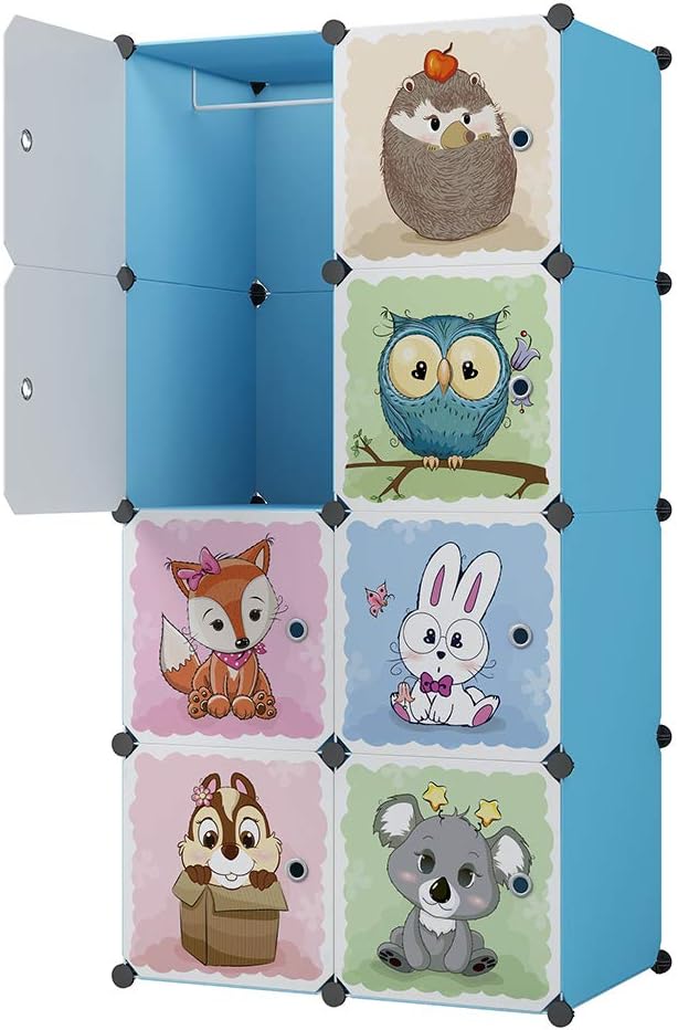 KOUSI Kids Dresser Kids Closet Portable Closet Wardrobe Children Bedroom Armoire Clothes Hanging Storage Rack Cube Organizer,Cute Cartoon,Safety & Large & Sturdy (Blue, 28"(W) x 14"(D) x 56"(H))