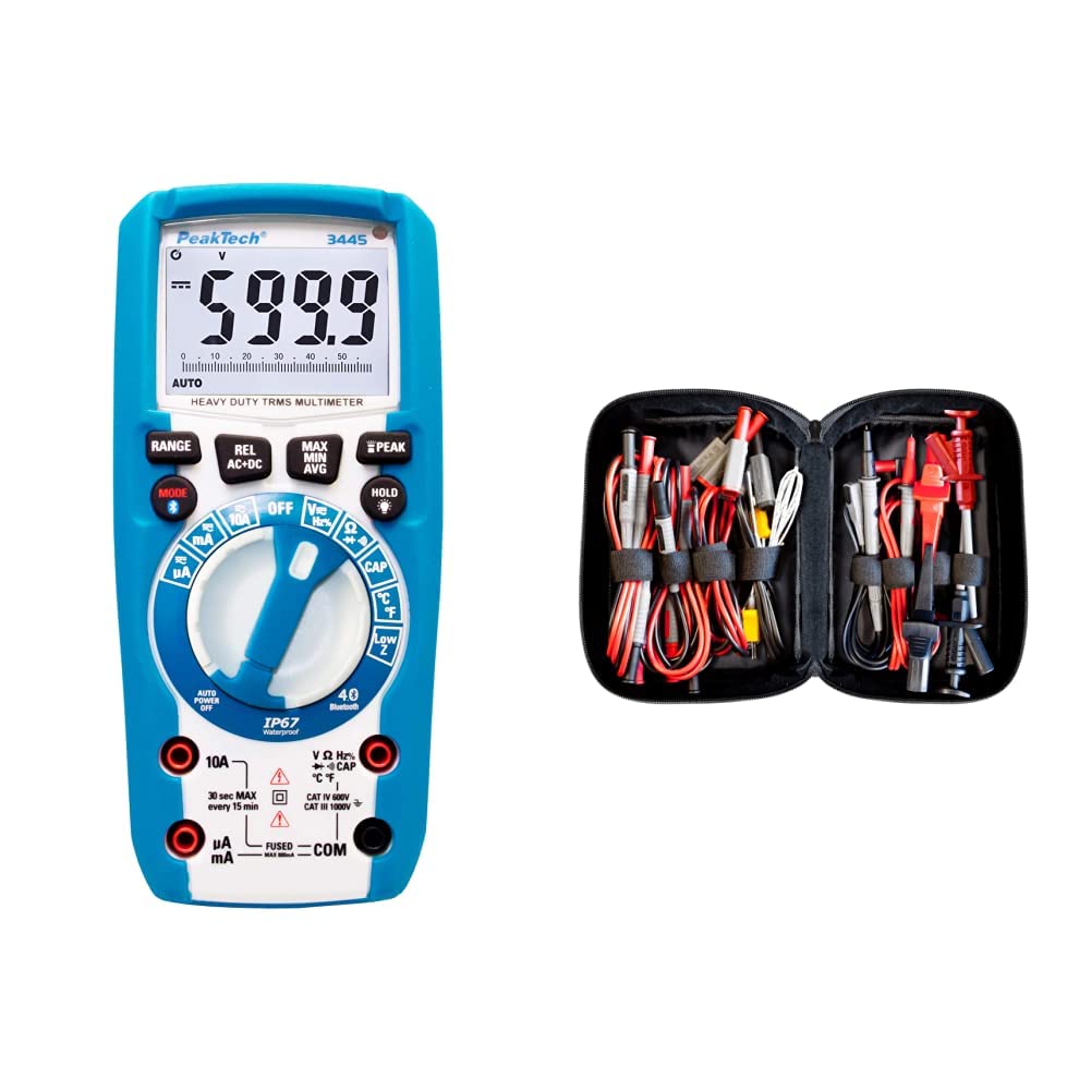 PeakTech 3445 - True RMS Digital Multimeter mit 4.0 Bluetooth & Peak Tech P 8200 – Messzubehör Set für Digital Multimeter, Prüfkabel Set, Elektronik Sortiment mit Prüfkabel - 14-teilig inkl. Tasche