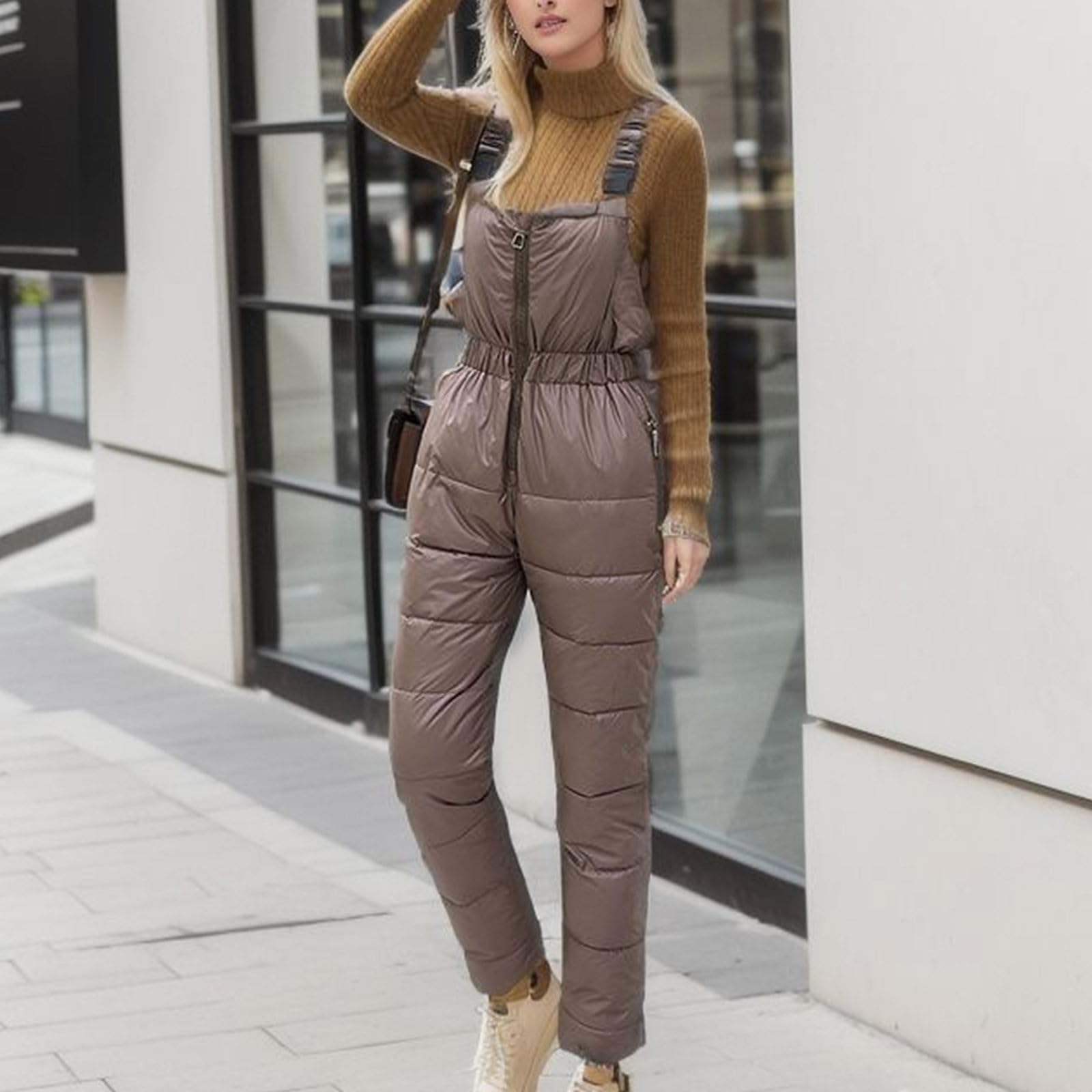Liquidazione della vendita Set di due pezzi da donna Tuta da neve invernale Casual a maniche lunghe con cappuccio piumino e salopette tuta da neve all'aperto, 2025 Felice anno nuovo, Caff, XXL