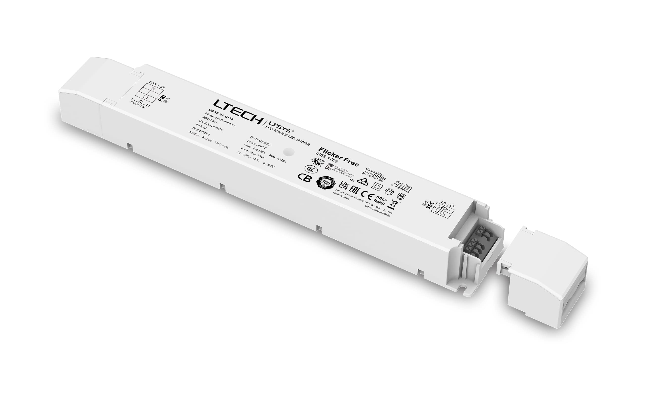 LIGHTEU®, 75W 24V DC 3.1A TRIAC LED alimentatore trasformatore dimmerabile driver, 3 in 1 supporto Triac ELV e push DIM alimentatore dimmerabile