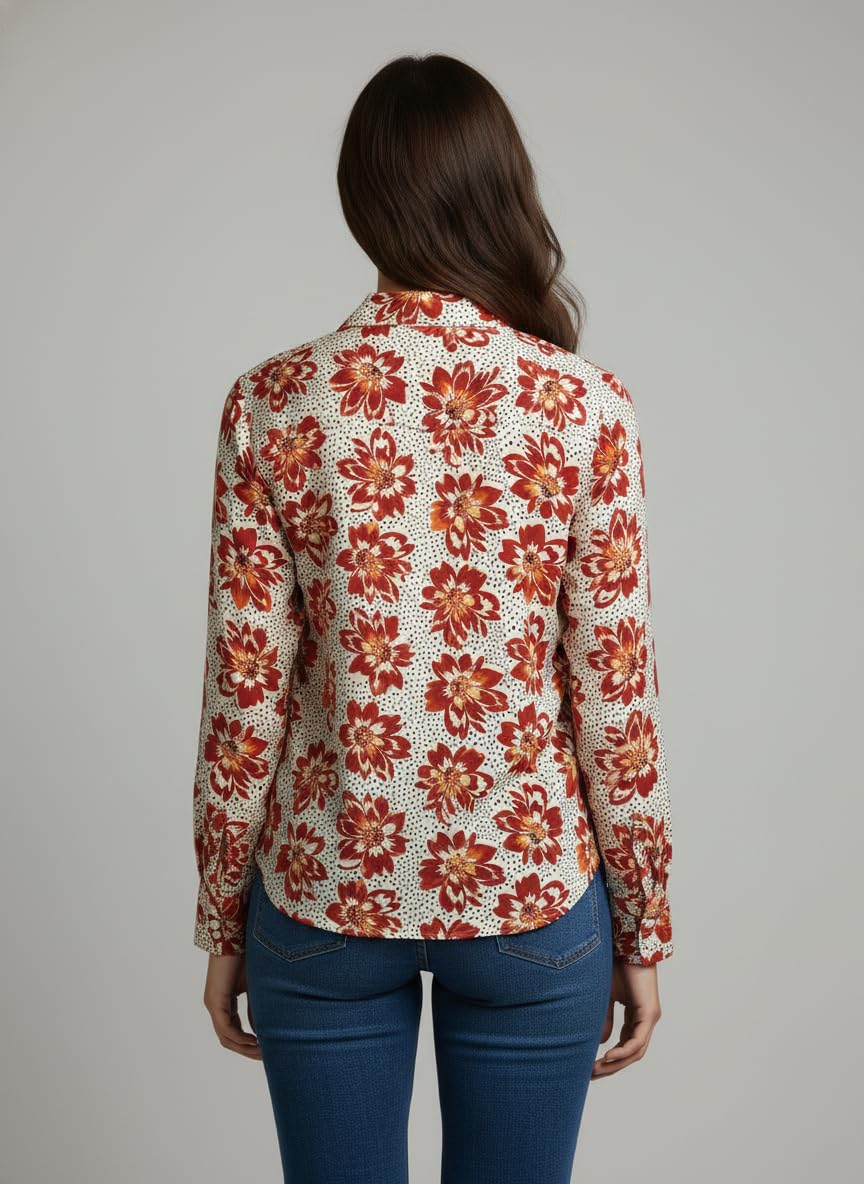 ANNI Designer Bedrucktes Damenhemd aus Baumwollmischgewebe, langärmelig, normale Passform, Hemdkragen, legere Bürokleidung, elegante Western-Kleidung für den Alltag, Hochzeit, Party