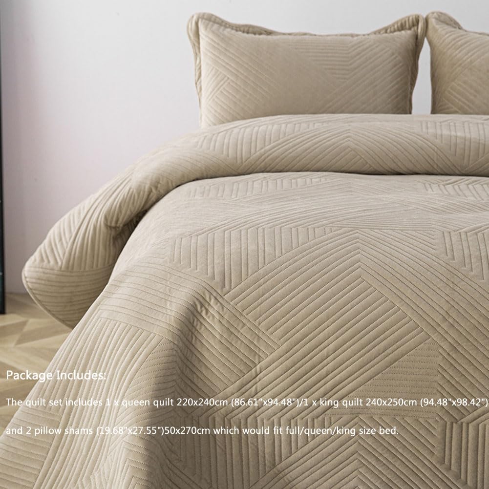 Bettwäsche-Set für Doppelbetten, Größe Four Seasons, wendbare Tagesdecke aus Samt, geprägte Steppdecke beige 220x240cm