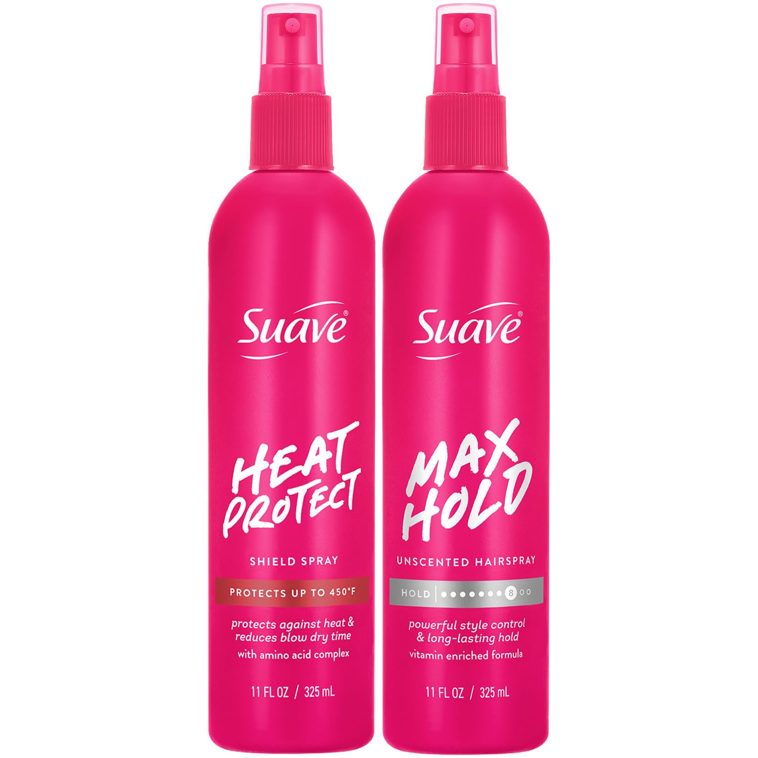 Suave Hair Styling Products Variety 2-Pack – Heat Protection Spray for Hair + Max Hold Unscented Hairspray, Non-Aerosol, 11 Oz Ea