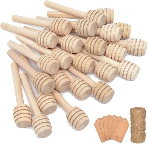 100 varillas de madera de 3 pulgadas con cordel de yute natural y etiquetas de papel kraft para tarros de miel, dispensar llovizna, miel, boda,
