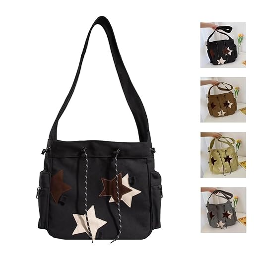 Y2K Star Canvas Messenger Bag, Cute Tote Bags Aesthetic, Small Shoulder Travel Crossbody Bags For Women, Vintage Casual Shoulder Aesthetic Bag (Black)