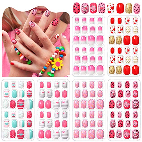 144 Pieces Girls Press on Nails Children Full Cover Short False Nails Artificial Flake Nails Tips Glitter Gradient Color Heart Short Fingernail for Children Little Kids Nail Decoration