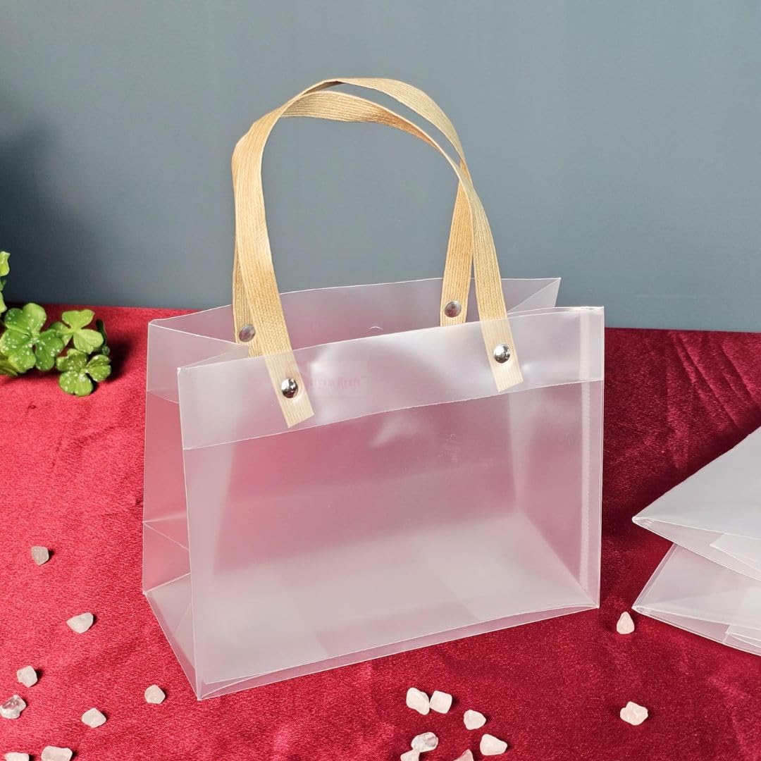 SATYAM KRAFT 4 Pcs Translucent Gift Bags with Golden Handle | Perfect for Wedding Christmas Valentine’s Day Return Gifts Birthday Anniversary Party Favours Hampers Festive Gifting (14.5 x 19.5 cm)