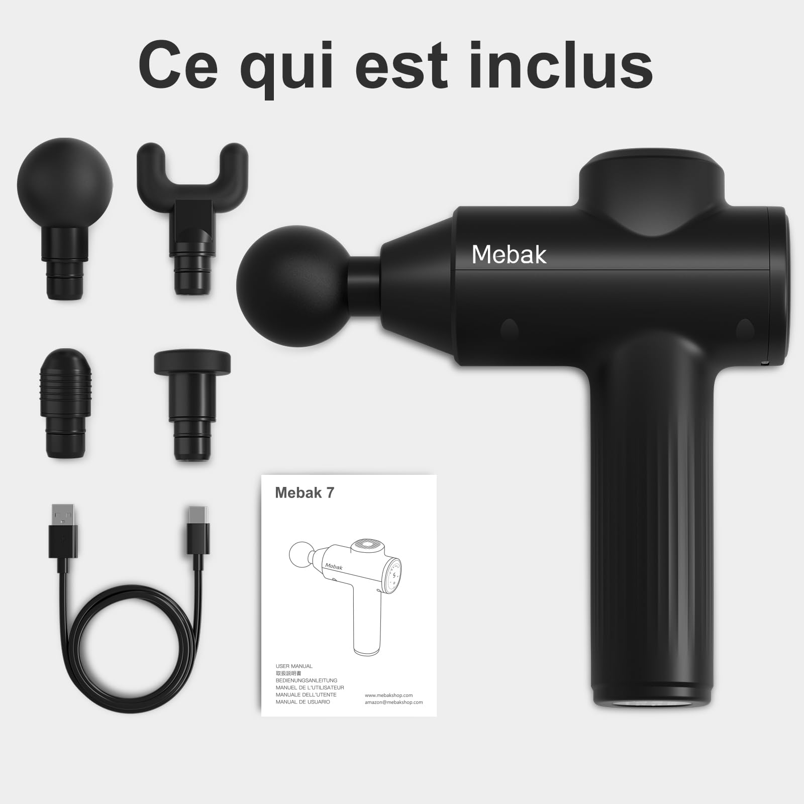 Mebak 7 Pistolet de Massage, Massage Gun, Pistolet Massage Musculaire, 5 Réglages de Vitesse & 4 têtes de Massage,Charge USB-C, Idéal Comme Cadeau d'anniversaire pour Femme et Homme