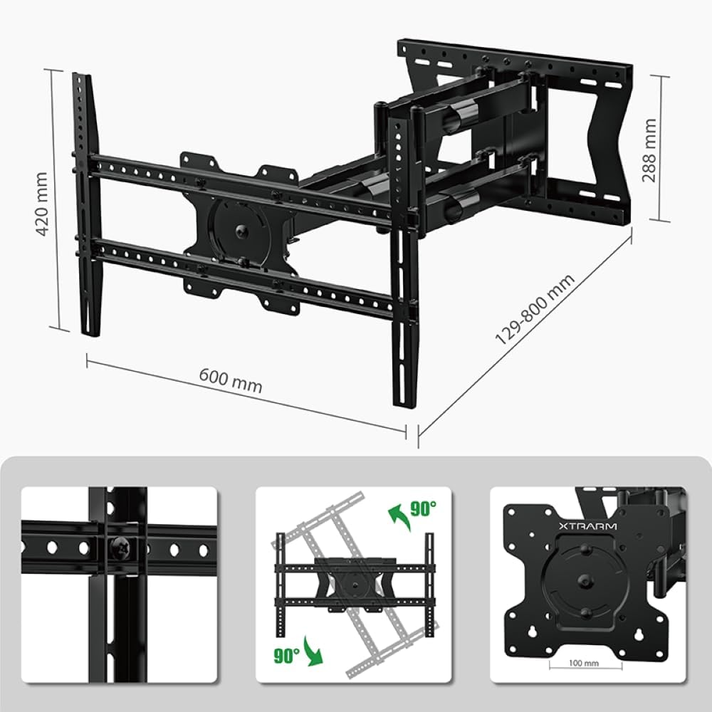 Diagram illustrating the swivel and tilt capabilities of the TV wall mount.