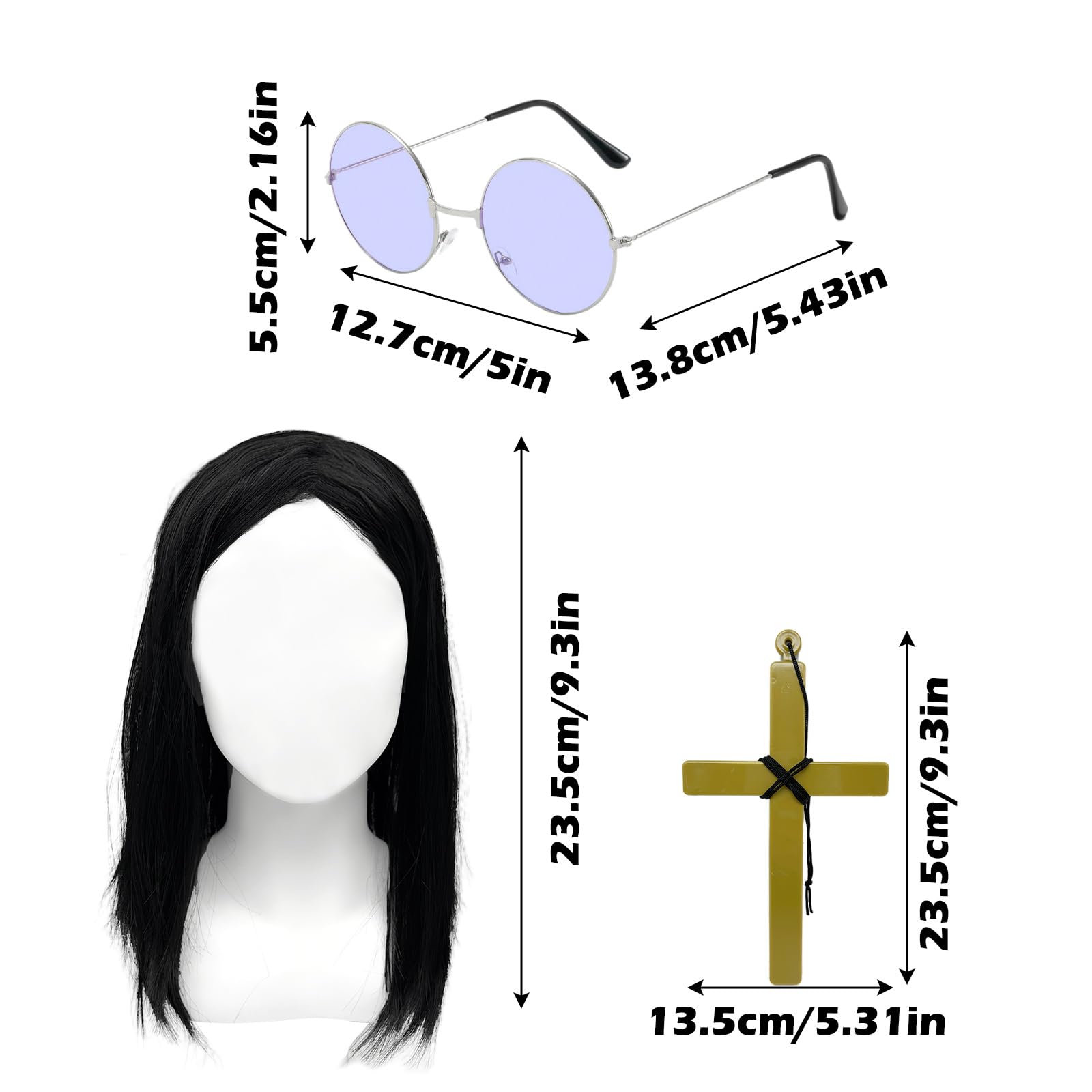 YAUOIPI 3 Pcs Prince of Darkness Accessory Set, Rock Star Legend Hippie Costume Kit, Long Black Wig, Gold Cross - Image 2
