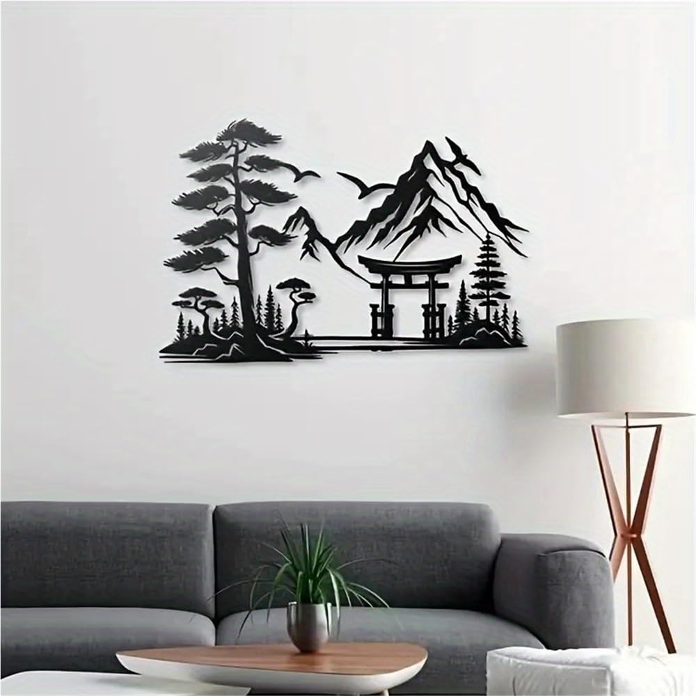 Japanisches Torii Tor aus Metall Wandskulptur mit gestreiftem Blumenmuster Zen Stil für Zuhause und Büro Asiatisch inspirierte Raumdekoration mit Naturmotiven (40 cm/15,74 Zoll)