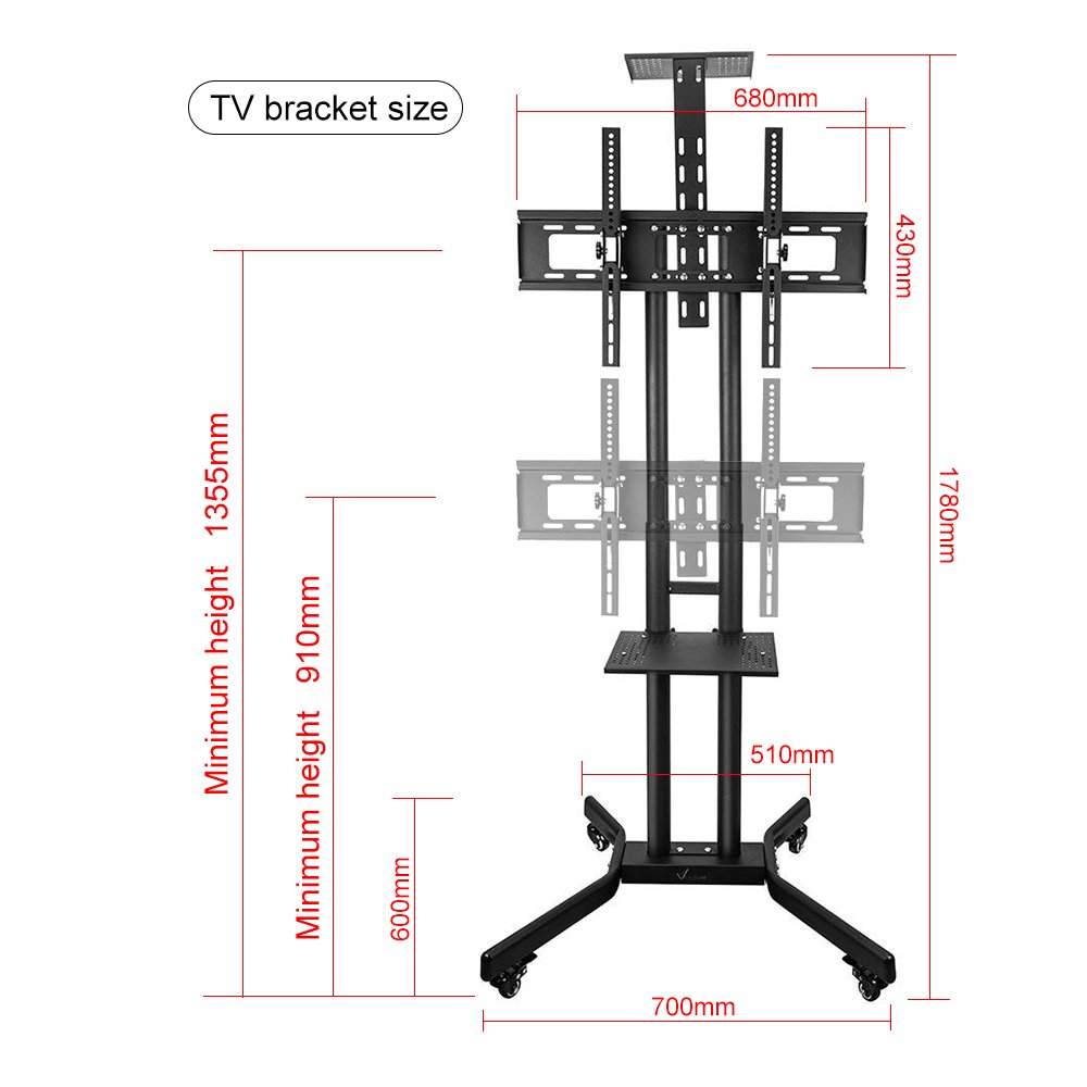 Verstellbarer TV-Ständer mit Rädern und Ablage für LED, LCD, Plasma-Flachbildfernseher, DVD-Konsole und Xbox-Konsole 32-65 Zoll Schwarz