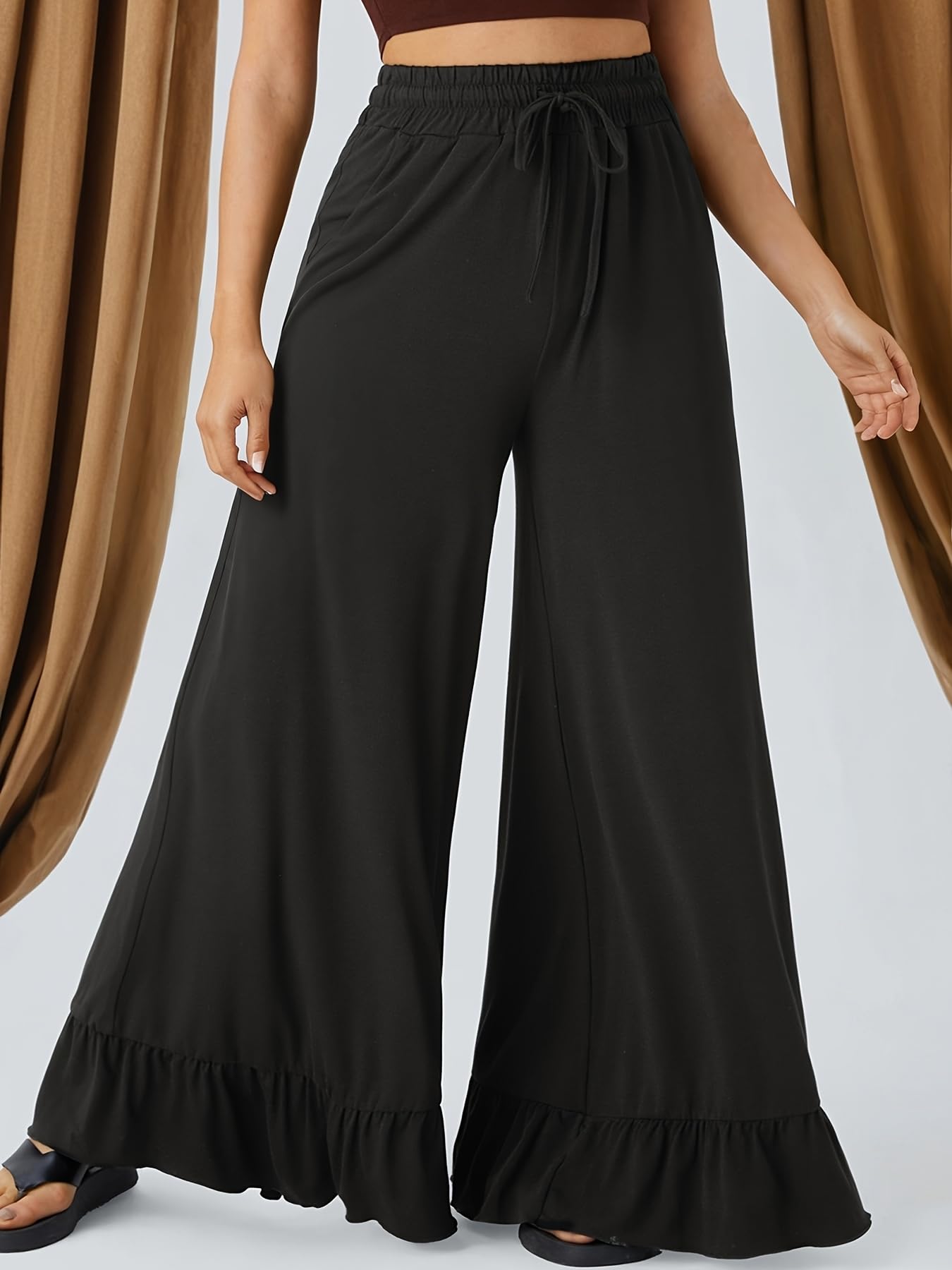 Women Palazzo Pants Pockets Flowy Wide Leg Baggy Drawstring Casual Vacation Lounge Trousers