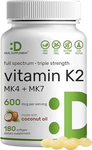 DEAL SUPPLEMENT Suplemento de vitamina K2 de 600 mcg, 180 cápsulas blandas de aceite de coco | Formas MK-7 y MK-4 de alta absorción de espectro