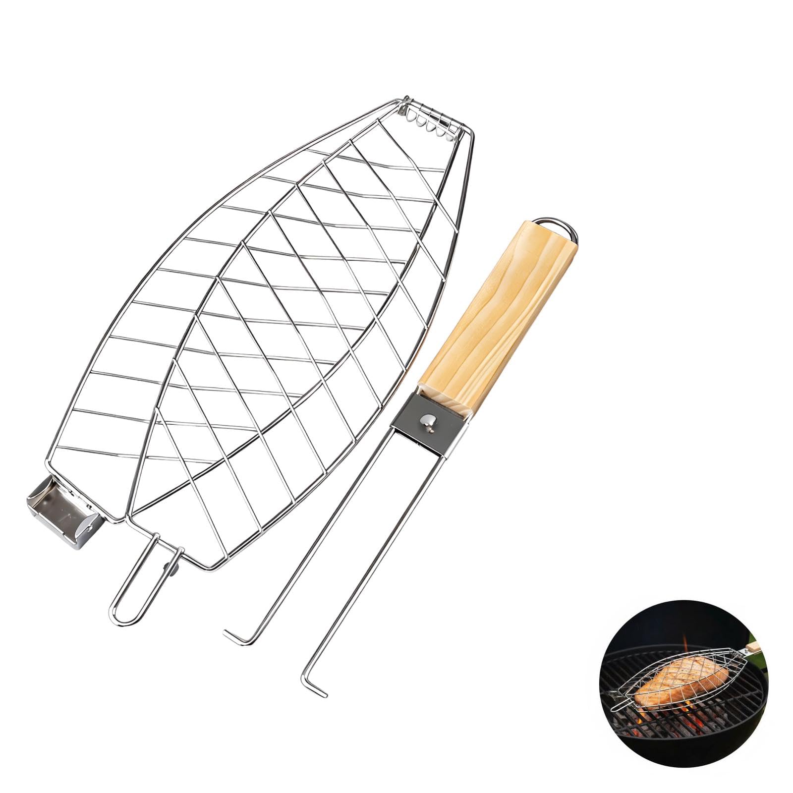 Generisch Kosz do grillowania ryb, składany ruszt do grillowania ze zdejmowanym drewnianym uchwytem, rozłożony 61 cm, blokada zapobiegająca ślizganiu się, przenośny, do grillowania na świeżym