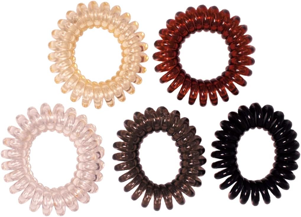 Mia Twist O's, Spiral Hair Ties, Coil Rubber Bands, Phone Cord Hair Elastics, In Zippered Storage Pouch, GENTLE On The Hair, Natural Colors Black, Charcoal Gray, Clear Gray, Brown, Cream 5pcs