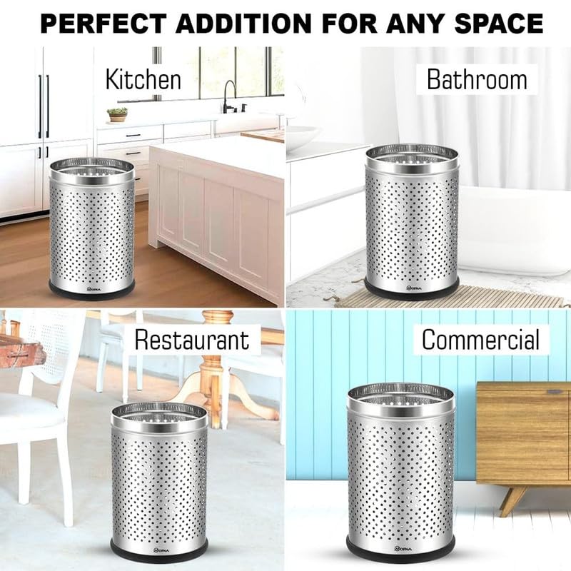 Image of mofna Stainless Steel Open Top Perforated Dustbin for Home 50L Trash Can with Anti-skid Base Waste Garbage Bin for Office, Bedroom, Kitchen & Commercial Use Silver