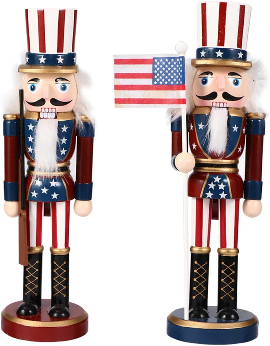 Ciieeo 3Pcs Wooden Nutcracker Soldier Figurines with USA Flag, Cane - 9.84 Inch Patriotic Tabletop Decor for Independence Day, Memorial Day, and Christmas Decorations