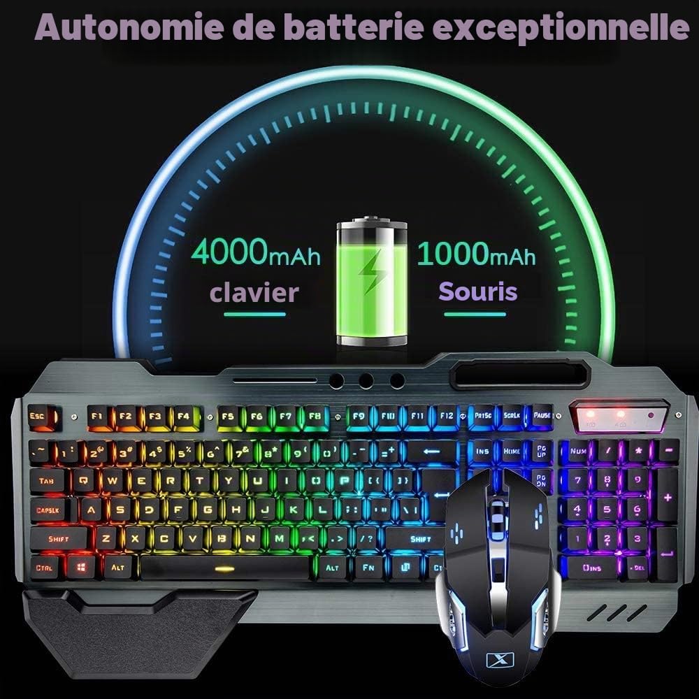 Ensemble clavier de jeu sans fil, souris clavier rétroéclairé RVB rechargeable avec batterie de 5000 mAh, panneau en métal, repose-main amovible, toucher mécanique et souris sourdine de jeu 7 couleurs