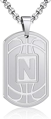 Initial A-Z Basketball Dog Tag Necklace for Men, Stainless Steel Basketball Initial Necklace for Men Dog Tag Chain Letter Pendant Personalized Sports Athletes Jewelry Gifts