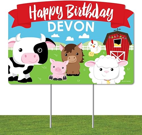 Big Dot of Happiness Letrero personalizado de animales de granja, fiesta de cumpleaños de granero, decoración de césped, letrero de feliz cumpleaños