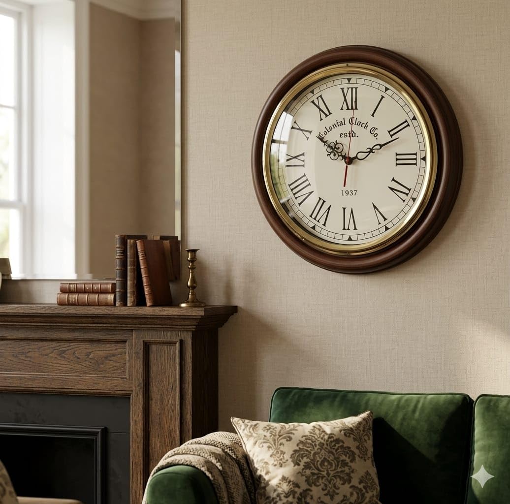 16 Inch Wooden Wall Clock with Brass Ring & Antique Roman Numerals | Vintage Decorative Analog Wall Clock for Living Room, Bedroom, Hall, Office & Home Décor Gift-picture-28