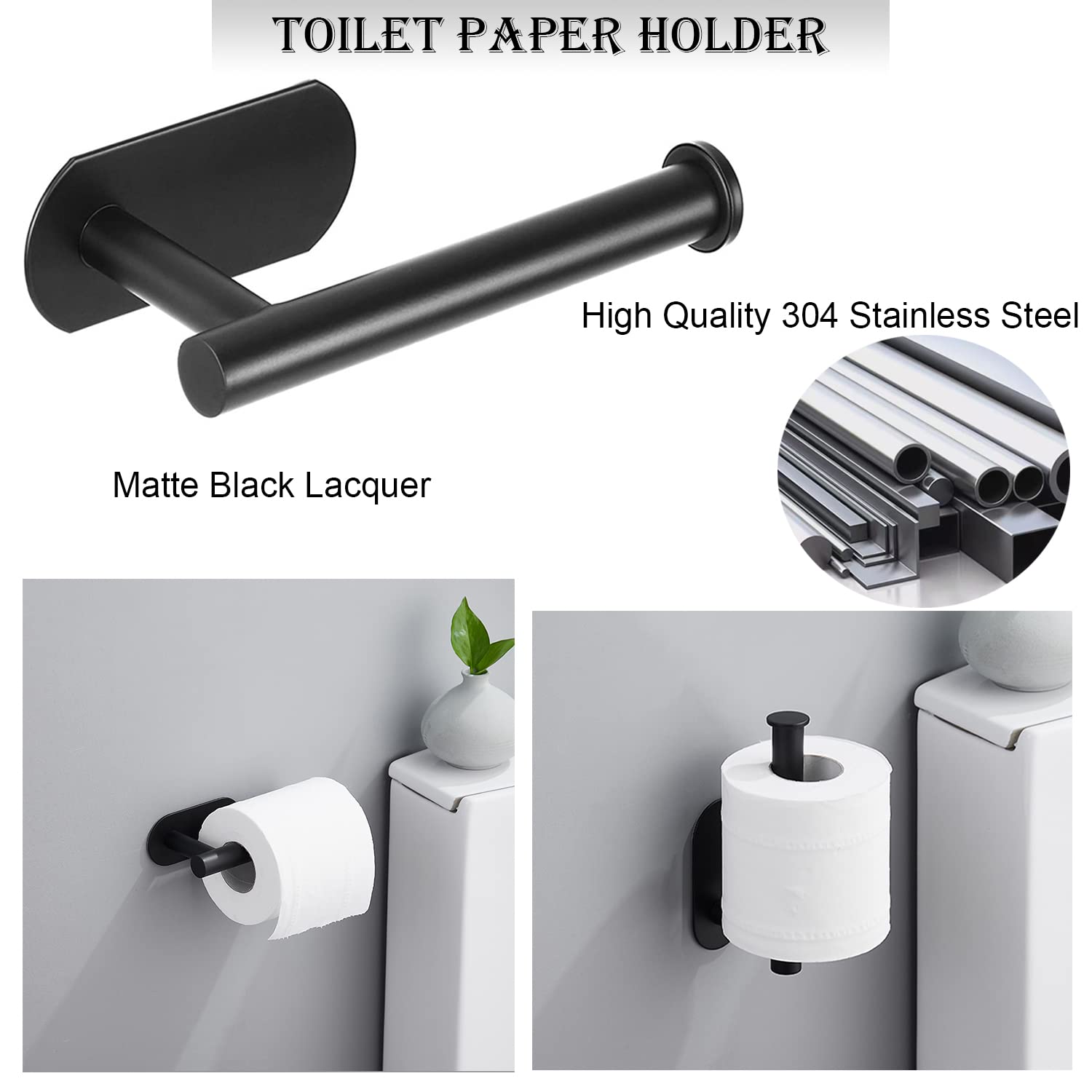 JOPOFI Self Adhesive Toilet Paper Holder - Matte Black Toilet Paper Holder Stand no Drilling for Bathroom and Kitchen, SUS 304 Stainless Steel Paper Towel Holder