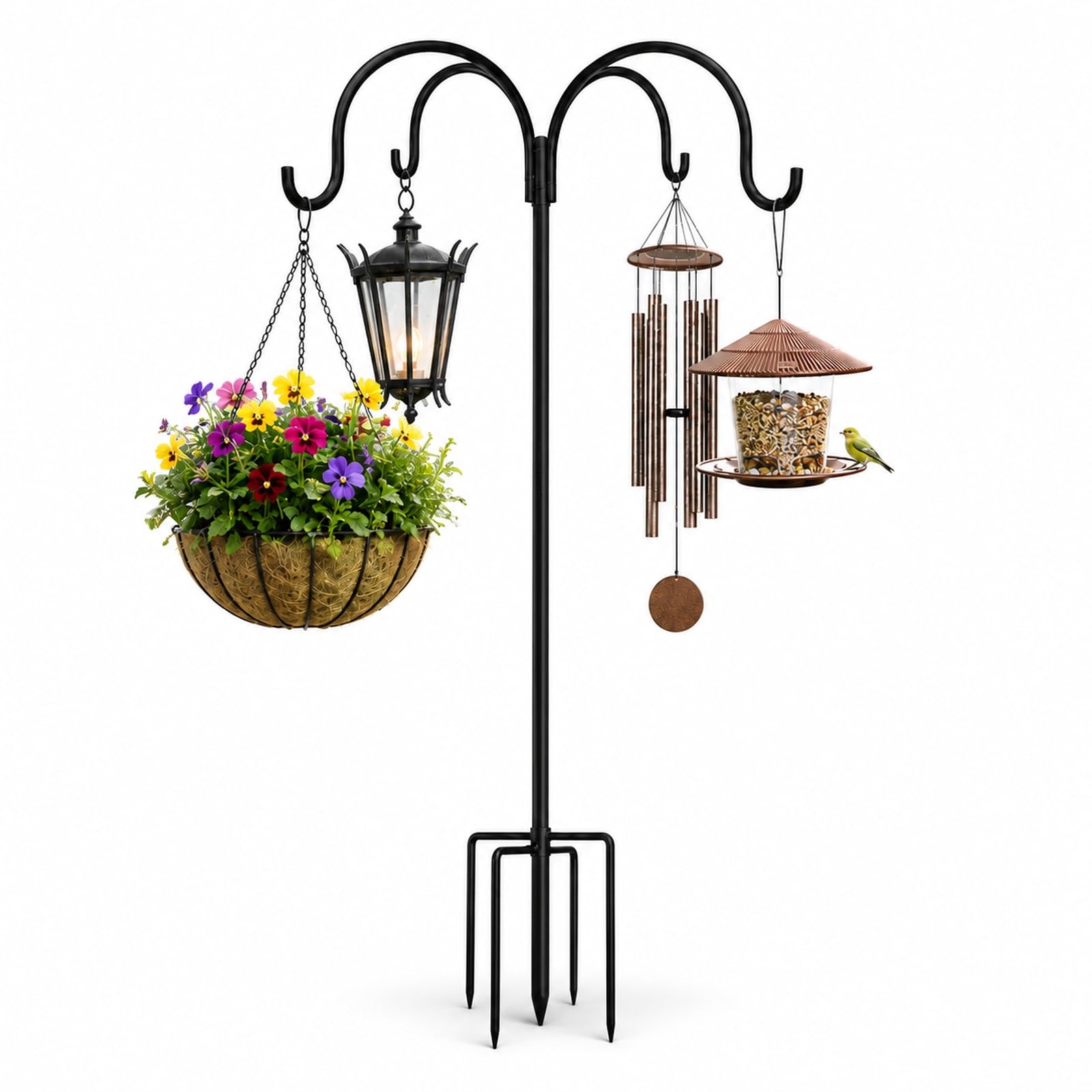 GOOGO 223cm Bird Feeder Pole for Garden, Tall Shepherd Hook Ground Stake Hanging Pole, Heavy Duty Metal Garden Hook for Hanging Flower Baskets, Wind Chimes, Solar Lights and Bird Feeder