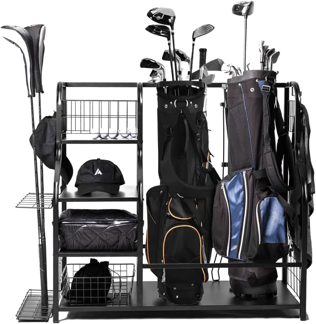 ANGORA BRANDS Golf Club Storage Rack – Heavy-Duty Golf Bag Organizer for 2 Bags – Home and Garage Sports Equipment Stand with Storage Shelves and Accessory Holders – Black