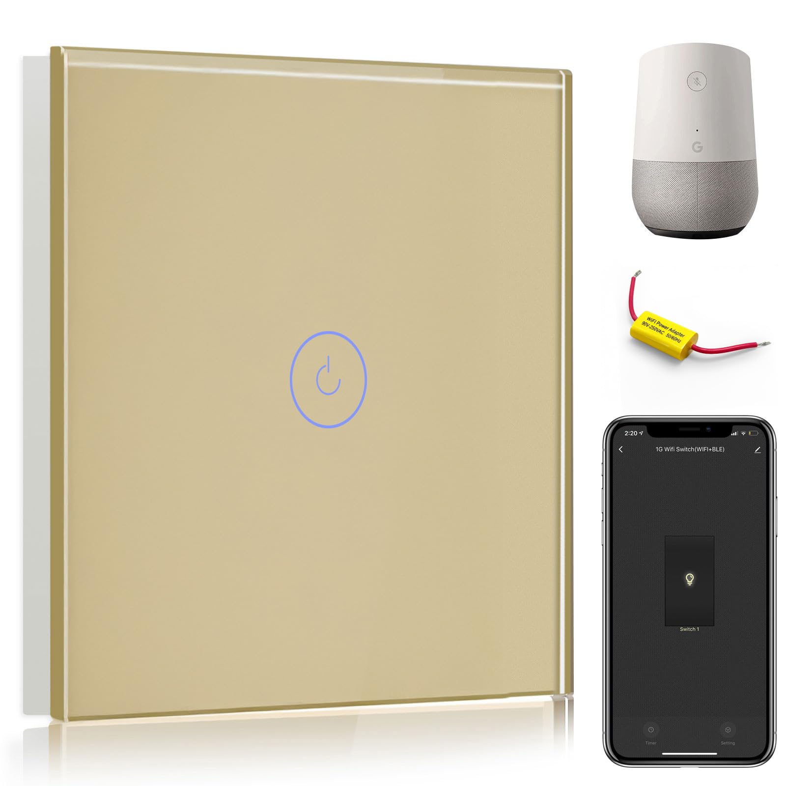 BSEED WiFi Touch Switch Gold,1 Gang 1 Way Smart Light Switch Compatible with Alexa and Google Home,with Smart Life Remote Control(No Hub Required)-No Need Neutral Wire — image 1