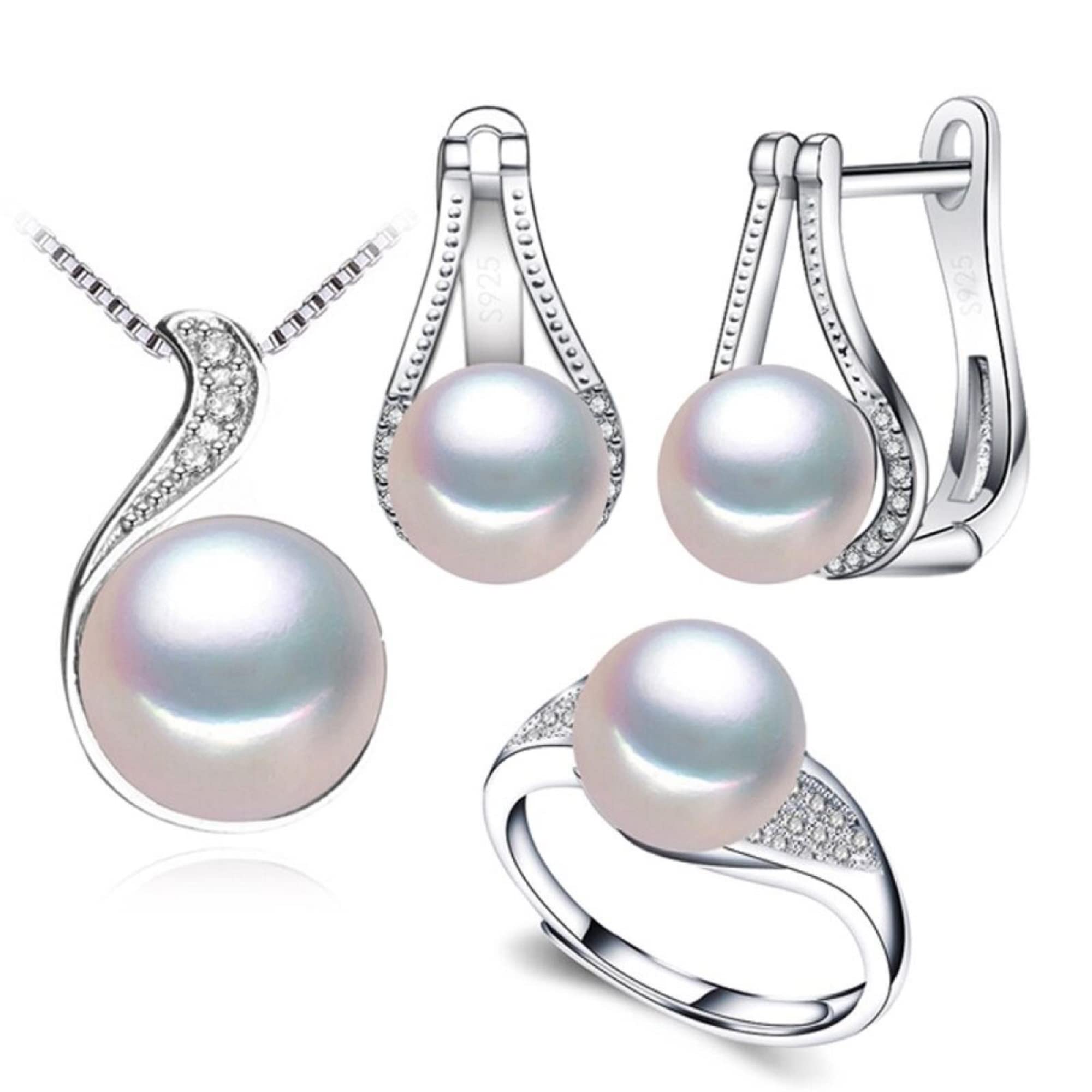 Fenasy 925 Sterling Silber Schmuck Sets Natürliche Perle Anhänger Halsketten Für Frauen Klassische Ohrstecker Mode Party Ringe
