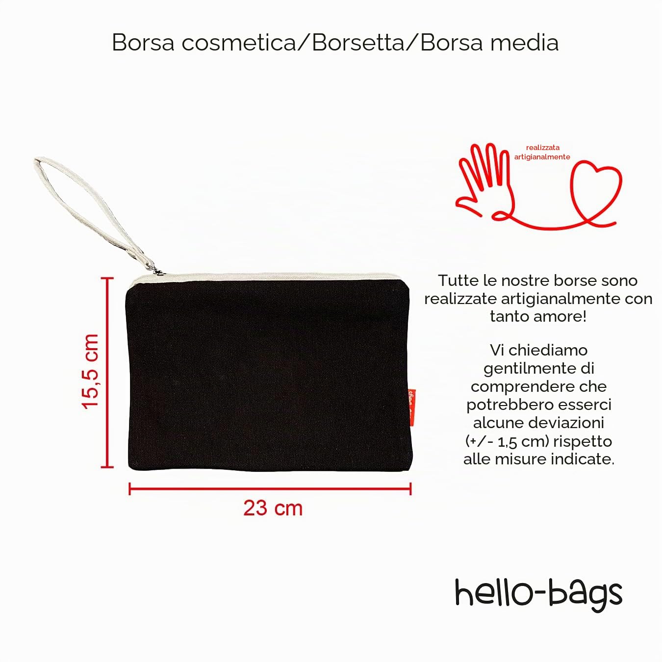 hello-bags Necessaire/pochette in tessuto con cerniera interna e fodera. Include una bella busta regalo kraft. Modello CURVABELLA. Colore: Ecru/Nero. Misure: 23 x 15,5 cm.