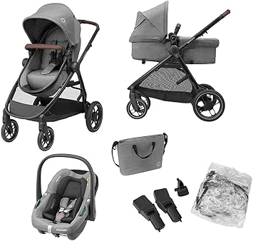 Maxi-Cosi Zelia S Trio 3-in-1 Prams Travel System, 0 - 4 Years, Up to 22 kg, Foldable, Compact and Reclining Baby Pushchair, with CabrioFix S i-Size Baby Car Seat, Accessories, Nursery Bag, Grey : Amazon.co.uk: Toys & Games