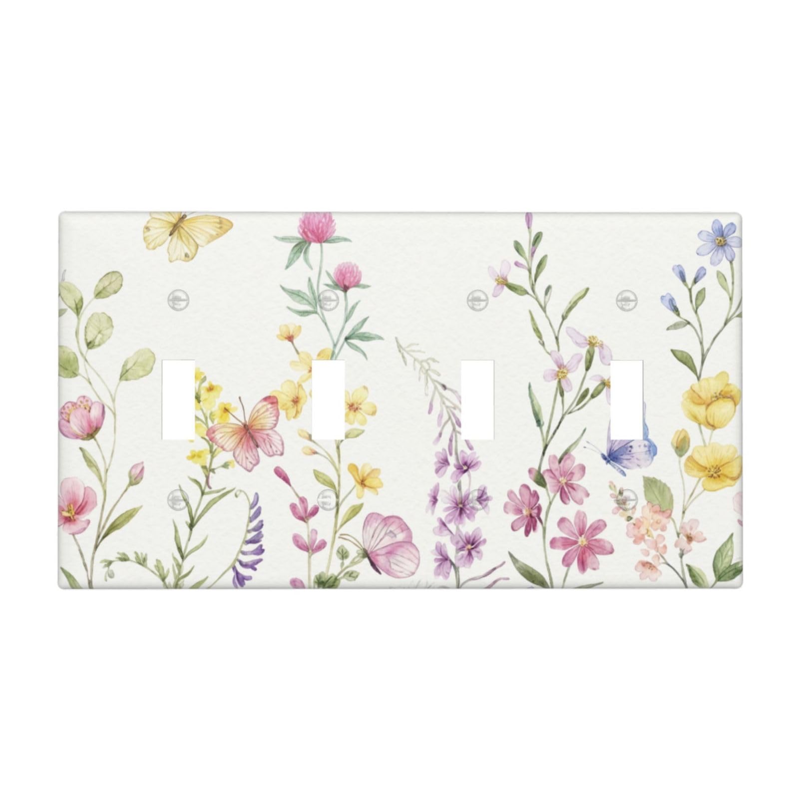 Colorful Vintage Floral Rustic Wild Flower Decorative 4 Gang Quad Toggle Light Switch Cover Plate Decorative Electric Quadruple Device Faceplate Switchplate Screwless