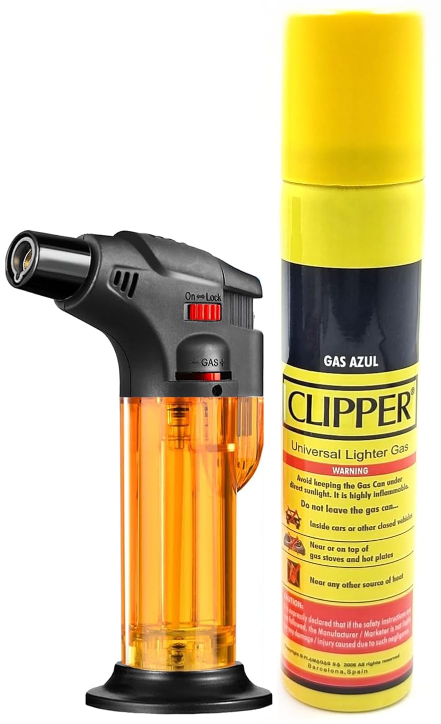 VIOVI Blow Torch Windproof Jet Flame Lighter with 100ml Clipper Lighter Gas Refill Can I Refillable Butane Gas Pocket Lighter for Melting Glass Tubing, Welding and Soldering (Orange)