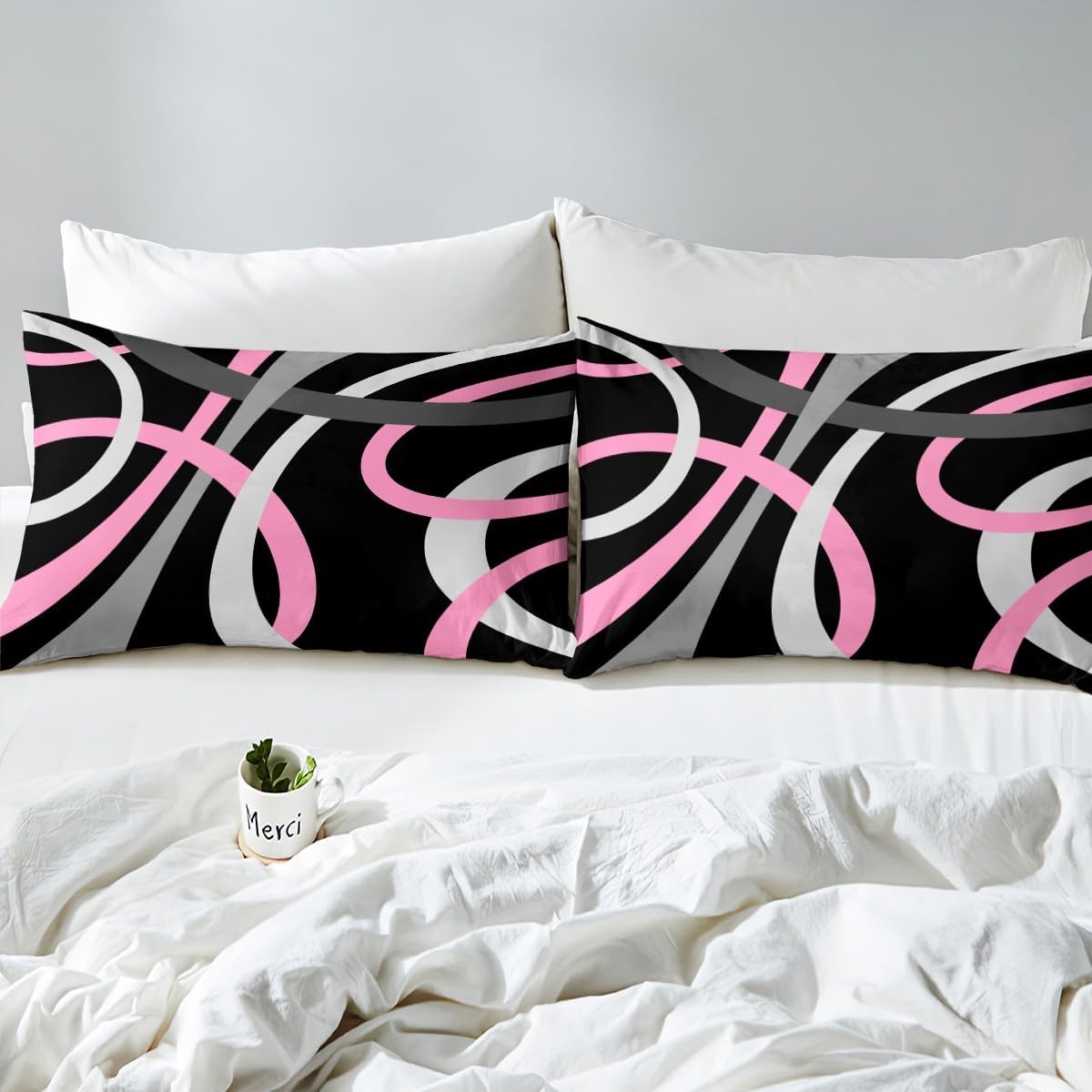 Feelyou Retro Circle Swirls Sheet Set for Girls - Pink Black Gray Geometric Stripes With Deep Pocket Fitted Sheet - Abstract Bedding Set Queen Size 4Pcs