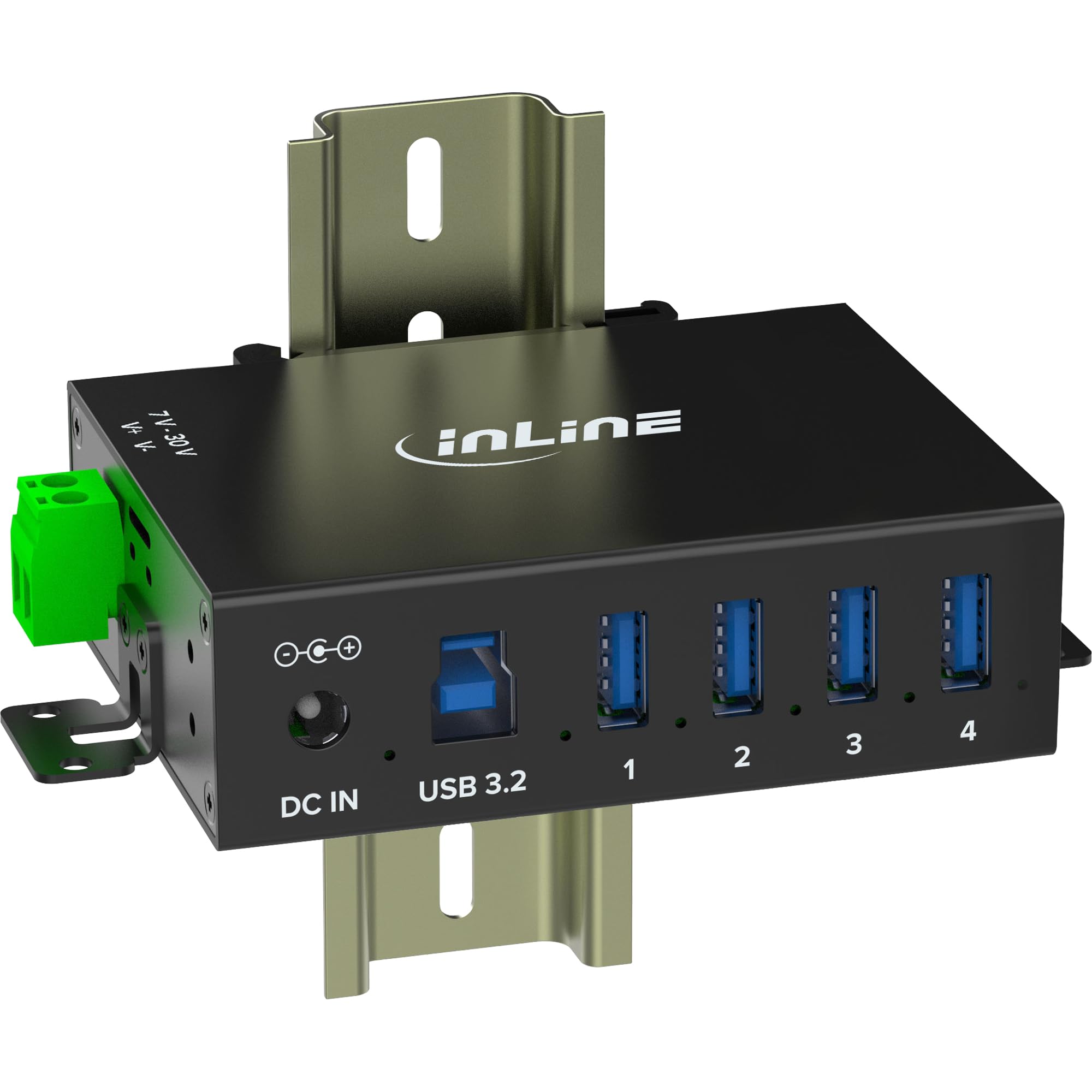 Inline Hub industriale USB 3.2 Gen.1 con 4 porte, alloggiamento in alluminio, montaggio su guida DIN, hub USB attivo con alimentatore, 5 Gb/s, 35396A