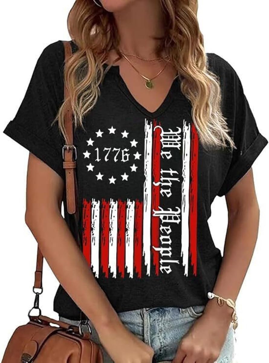 Womens 4th of July Funny Popsicle Graphic Tees American Flag Heart Patriotic V Neck T-Shirt Here for The Boom Short Sleeve