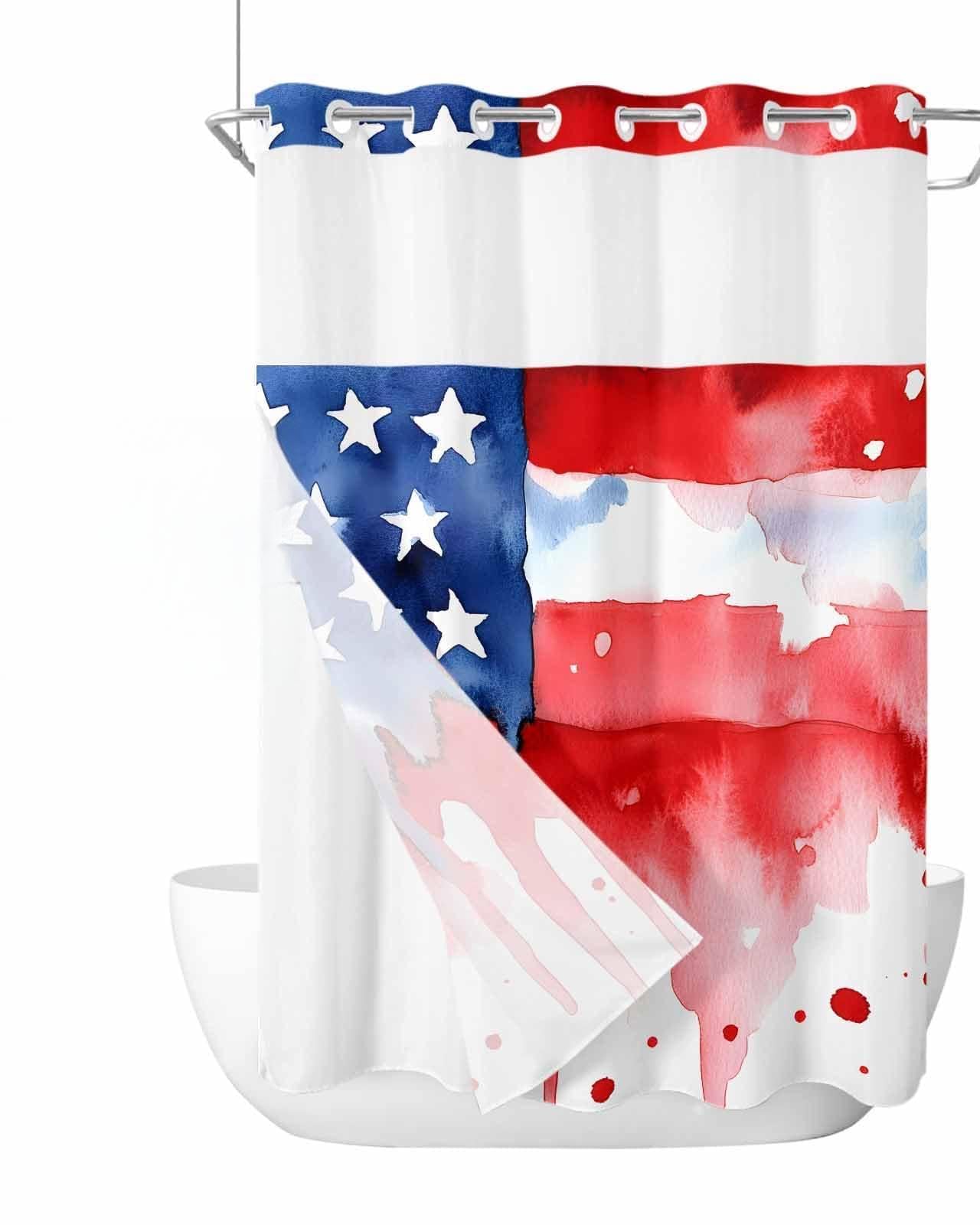 Anzona No Hook Shower Curtains, USA Flag Long Bathtub Curtains with Snap in Liner, Independence Day Red Blue Star Stripes Painting Waterproof Washable