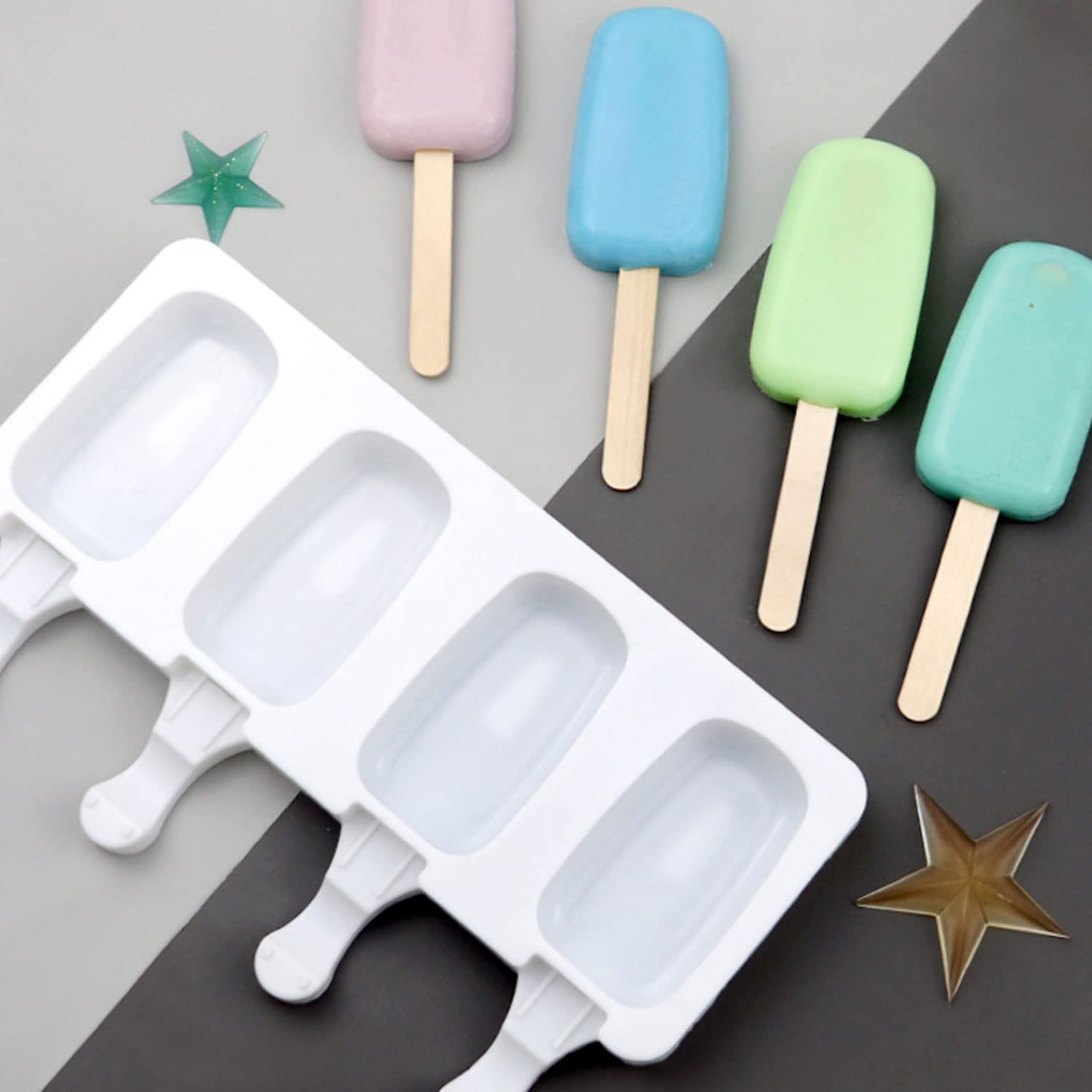 2 Piezas Molde de Helado de Silicona con 100 Palos Madera, Popsicle Moldes 4 Cavidades, de Paletas de Hielo, DIY, Chocolate Postre Congelado