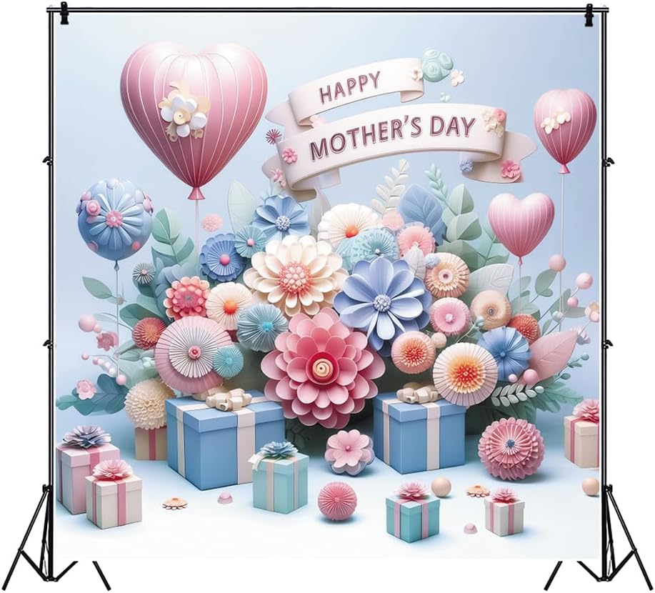 Happy Mothers Day Backdrop 10x8ft Pink Blue Art Floral Mother's Day Photo Backdrops for Photography Flowers Balloons for Mother's Day Family Photoshoot Decorations Party Supplies