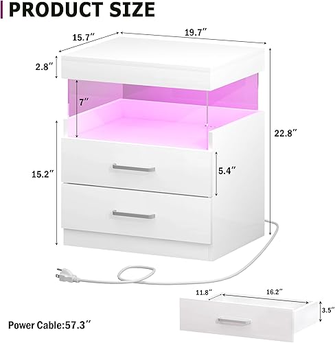 Miniatura 3 de WelFurGeer Mesita de noche de alto brillo, mesita de noche LED blanca con estación de carga, mesita de noche con cajones, mesitas de noche modernas,