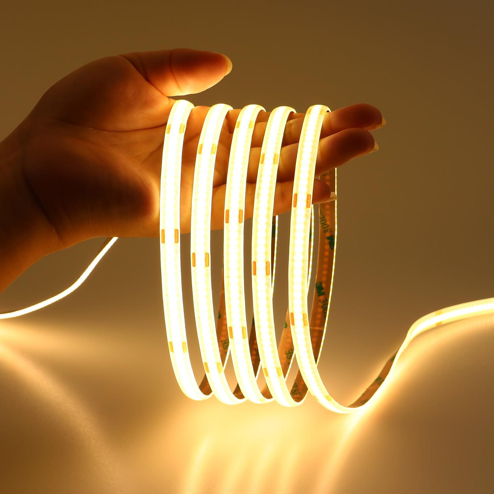 JOYLIT 6M COB LED Strip 12V Warm White 3000K Indoor, 320LED/M Bright Uniform Dimmable 8W/M LED Strip, Self-Adhesive IP20 LED Strip for Kitchen Furniture (Power Supply 12V 3A is Required)