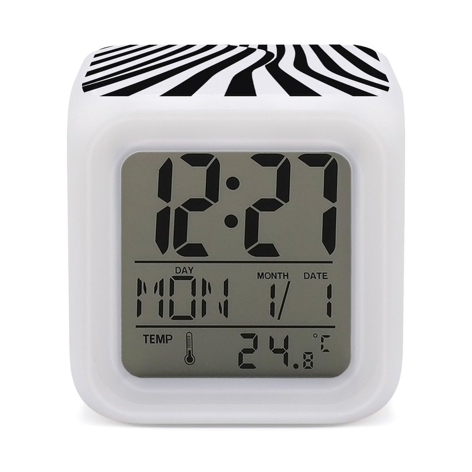Reloj despertador de rayas blancas y negras con pantalla LED de moda