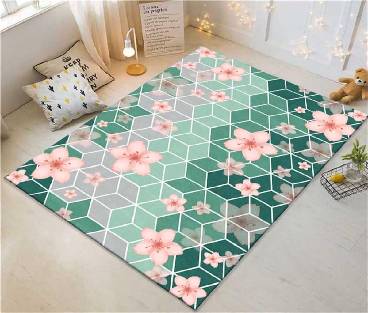 Tapis de chambre motif plante verte lavable et protecteur 80X200CM