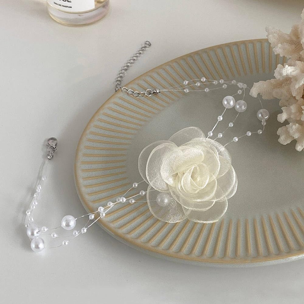 Boho Flower Pearl Choker Necklace for Floral Choker,Women Dainty Pearl Beaded Chain Collar Necklace Flower Necklace for Women Trendy Jewelry - Image 5